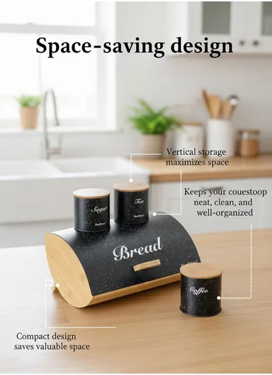 Bamboo Bread Storage Box with 3 Matching Iron Canisters - Black