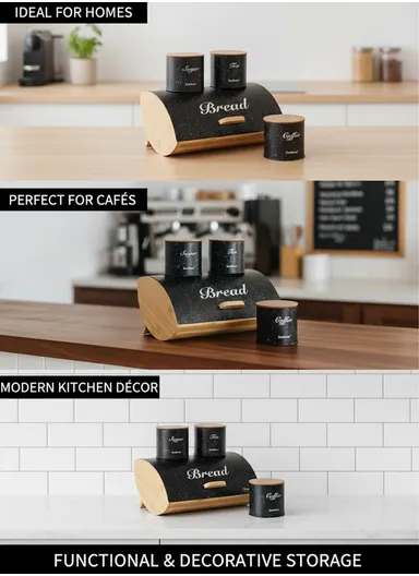Bamboo Bread Storage Box with 3 Matching Iron Canisters - Black