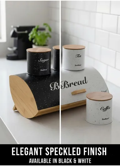 Bamboo Bread Storage Box with 3 Matching Iron Canisters - Black