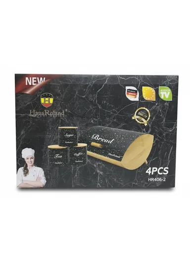 Bamboo Bread Storage Box with 3 Matching Iron Canisters - Black