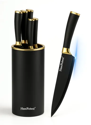 6-Pieces Stainless Steel Knife Set with Gold-Rim Universal Knife Block (D22.5 x H11.5)cm - Gold