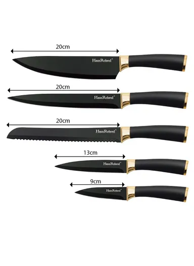 6-Pieces Stainless Steel Knife Set with Gold-Rim Universal Knife Block (D22.5 x H11.5)cm - Gold