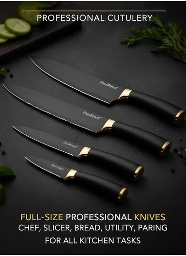 6-Pieces Stainless Steel Knife Set with Gold-Rim Universal Knife Block (D22.5 x H11.5)cm - Gold