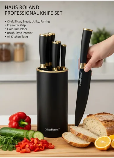 6-Pieces Stainless Steel Knife Set with Gold-Rim Universal Knife Block (D22.5 x H11.5)cm - Gold