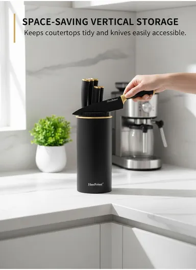 6-Pieces Stainless Steel Knife Set with Gold-Rim Universal Knife Block (D22.5 x H11.5)cm - Gold