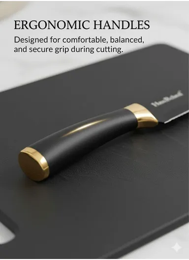 6-Pieces Stainless Steel Knife Set with Gold-Rim Universal Knife Block (D22.5 x H11.5)cm - Gold