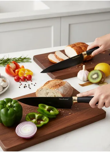 6-Pieces Stainless Steel Knife Set with Gold-Rim Universal Knife Block (D22.5 x H11.5)cm - Gold