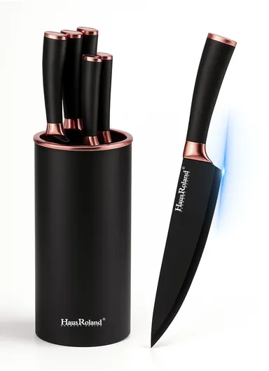 6-Pieces Stainless Steel Knife Set with Gold-Rim Universal Knife Block (D22.5 x H11.5)cm - Rose Gold