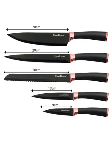 6-Pieces Stainless Steel Knife Set with Gold-Rim Universal Knife Block (D22.5 x H11.5)cm - Rose Gold