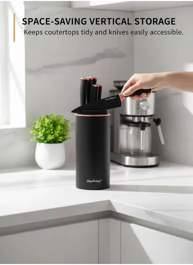 6-Pieces Stainless Steel Knife Set with Gold-Rim Universal Knife Block (D22.5 x H11.5)cm - Rose Gold