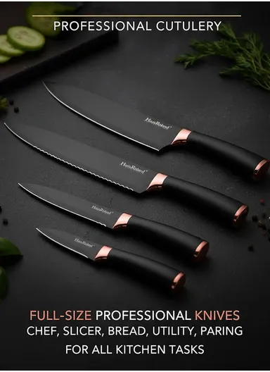 6-Pieces Stainless Steel Knife Set with Gold-Rim Universal Knife Block (D22.5 x H11.5)cm - Rose Gold