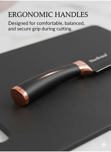 6-Pieces Stainless Steel Knife Set with Gold-Rim Universal Knife Block (D22.5 x H11.5)cm - Rose Gold