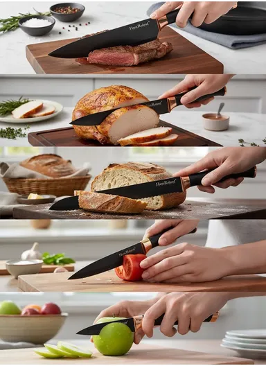6-Pieces Stainless Steel Knife Set with Gold-Rim Universal Knife Block (D22.5 x H11.5)cm - Rose Gold