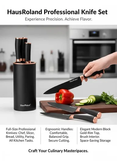6-Pieces Stainless Steel Knife Set with Gold-Rim Universal Knife Block (D22.5 x H11.5)cm - Rose Gold