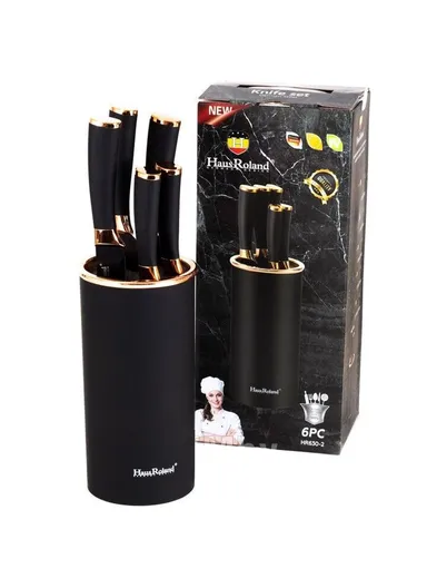 6-Pieces Stainless Steel Knife Set with Gold-Rim Universal Knife Block (D22.5 x H11.5)cm - Rose Gold