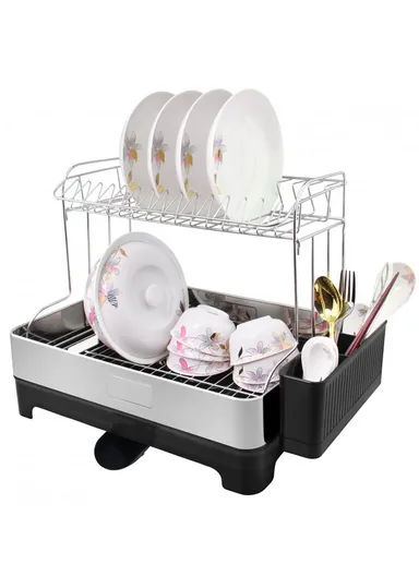 2-Tier Stainless Steel Kitchen Dish Rack With Draining Tray, Side Shelves &amp; Cutlery Box (L53 x W34.5 x H38.5 )cm