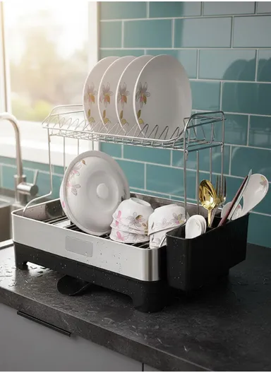 2-Tier Stainless Steel Kitchen Dish Rack With Draining Tray, Side Shelves &amp; Cutlery Box (L53 x W34.5 x H38.5 )cm