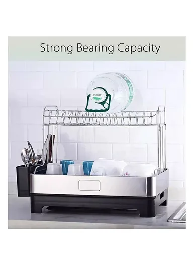 2-Tier Stainless Steel Kitchen Dish Rack With Draining Tray, Side Shelves &amp; Cutlery Box (L53 x W34.5 x H38.5 )cm