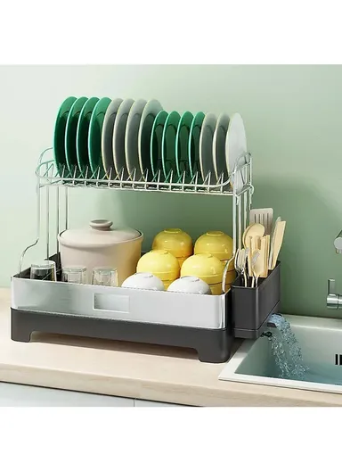 2-Tier Stainless Steel Kitchen Dish Rack With Draining Tray, Side Shelves &amp; Cutlery Box (L53 x W34.5 x H38.5 )cm