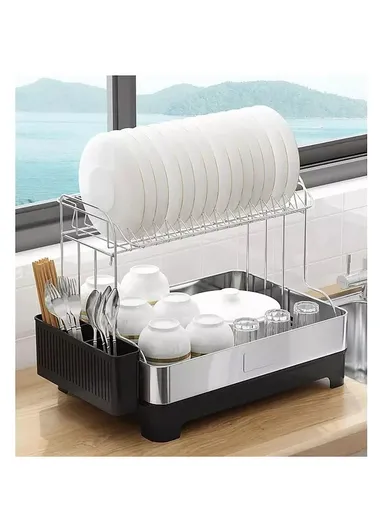 2-Tier Stainless Steel Kitchen Dish Rack With Draining Tray, Side Shelves &amp; Cutlery Box (L53 x W34.5 x H38.5 )cm