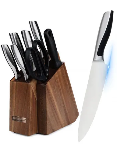 8PCS Kitchen Knife Set with Wooden Stand &amp; Scissors – Brown