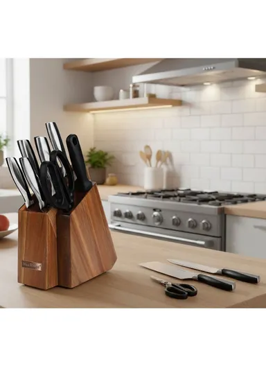 8PCS Kitchen Knife Set with Wooden Stand &amp; Scissors – Brown