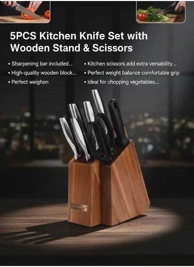 8PCS Kitchen Knife Set with Wooden Stand &amp; Scissors – Brown