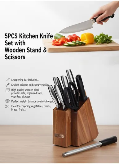 8PCS Kitchen Knife Set with Wooden Stand &amp; Scissors – Brown