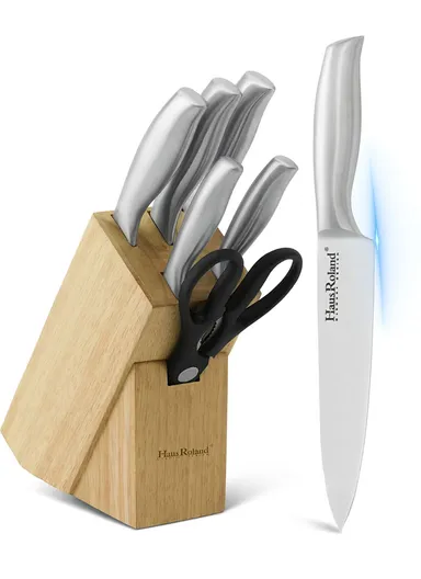 8-Pieces Stainless Steel Kitchen Knife Set with Wooden Block &amp; Scissors (W9 × D17 × H21 cm) - Silver