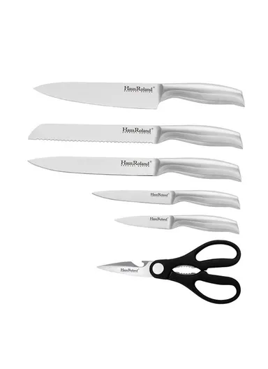 8-Pieces Stainless Steel Kitchen Knife Set with Wooden Block &amp; Scissors (W9 × D17 × H21 cm) - Silver