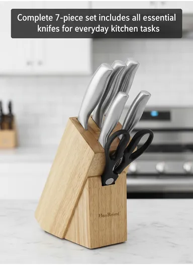 8-Pieces Stainless Steel Kitchen Knife Set with Wooden Block &amp; Scissors (W9 × D17 × H21 cm) - Silver