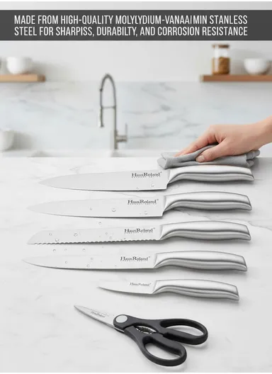 8-Pieces Stainless Steel Kitchen Knife Set with Wooden Block &amp; Scissors (W9 × D17 × H21 cm) - Silver