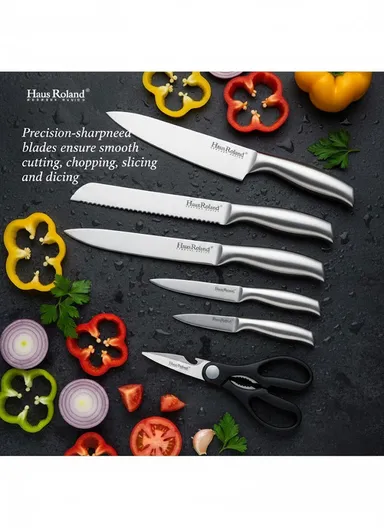 8-Pieces Stainless Steel Kitchen Knife Set with Wooden Block &amp; Scissors (W9 × D17 × H21 cm) - Silver