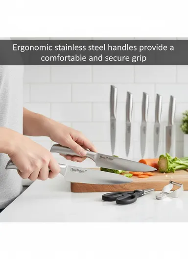 8-Pieces Stainless Steel Kitchen Knife Set with Wooden Block &amp; Scissors (W9 × D17 × H21 cm) - Silver