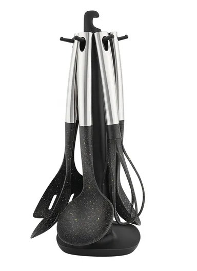 7-Pieces Kitchen Utensil Set with Stainless Steel Handles &amp; Rotating Stand (W14 x D14 × H40)cm - Black