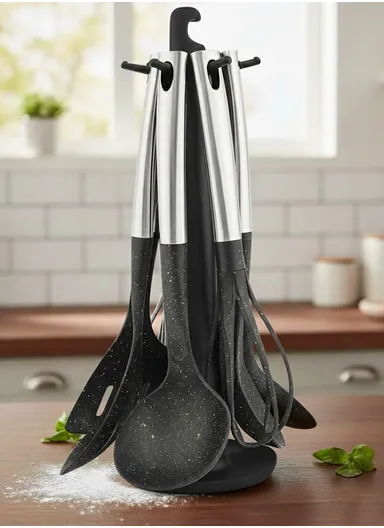 7-Pieces Kitchen Utensil Set with Stainless Steel Handles &amp; Rotating Stand (W14 x D14 × H40)cm - Black
