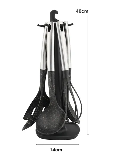 7-Pieces Kitchen Utensil Set with Stainless Steel Handles &amp; Rotating Stand (W14 x D14 × H40)cm - Black