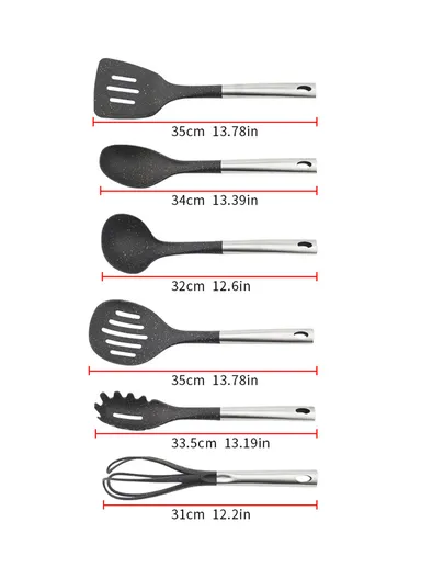 7-Pieces Kitchen Utensil Set with Stainless Steel Handles &amp; Rotating Stand (W14 x D14 × H40)cm - Black