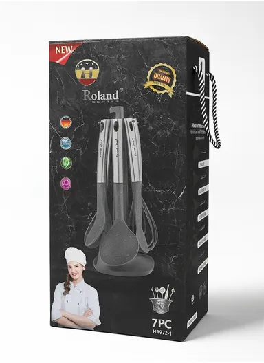 7-Pieces Kitchen Utensil Set with Stainless Steel Handles &amp; Rotating Stand (W14 x D14 × H40)cm - Black