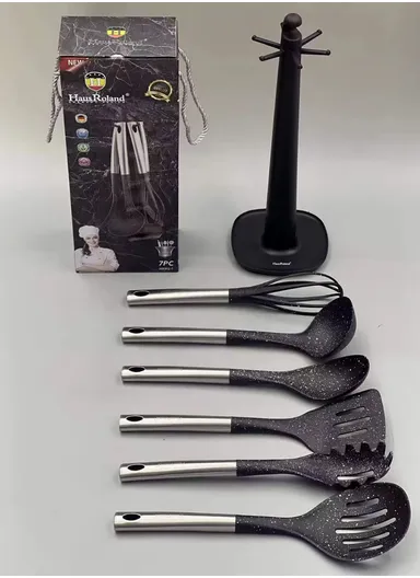 7-Pieces Kitchen Utensil Set with Stainless Steel Handles &amp; Rotating Stand (W14 x D14 × H40)cm - Black