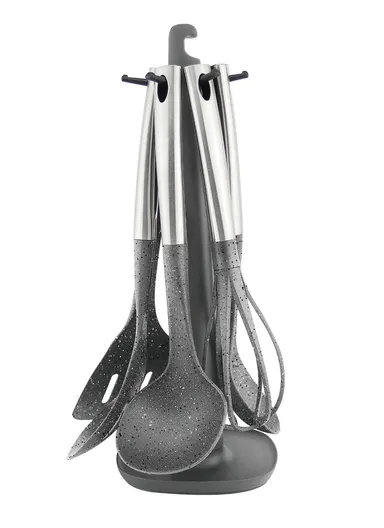 7-Pieces Kitchen Utensil Set with Stainless Steel Handles &amp; Rotating Stand (W14 x D14 × H40)cm - Grey