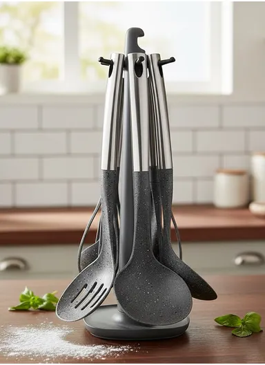 7-Pieces Kitchen Utensil Set with Stainless Steel Handles &amp; Rotating Stand (W14 x D14 × H40)cm - Grey