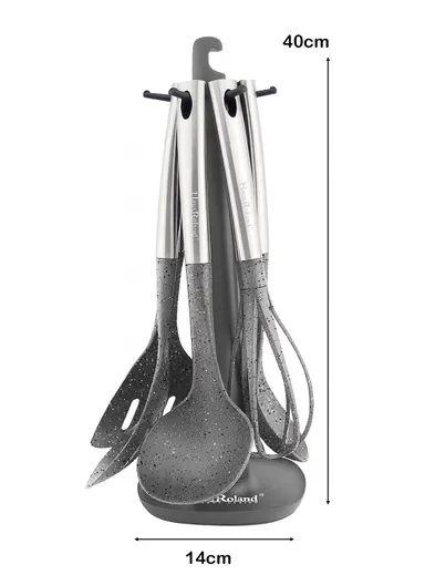 7-Pieces Kitchen Utensil Set with Stainless Steel Handles &amp; Rotating Stand (W14 x D14 × H40)cm - Grey