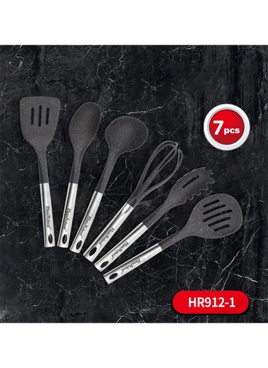 7-Pieces Kitchen Utensil Set with Stainless Steel Handles &amp; Rotating Stand (W14 x D14 × H40)cm - Grey