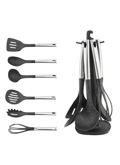 7-Pieces Kitchen Utensil Set with Stainless Steel Handles &amp; Rotating Stand (W14 x D14 × H40)cm - Grey