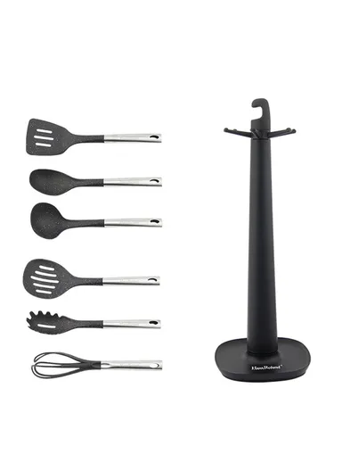7-Pieces Kitchen Utensil Set with Stainless Steel Handles &amp; Rotating Stand (W14 x D14 × H40)cm - Grey