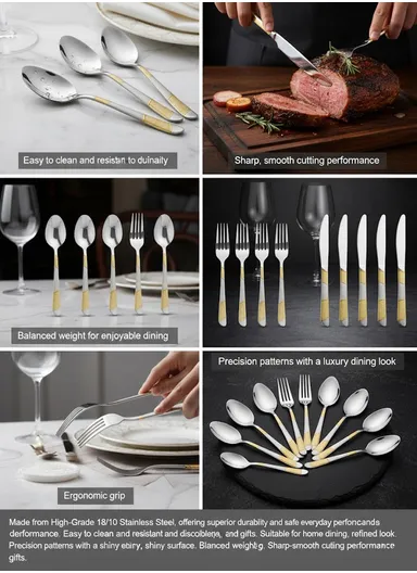 24-Pieces 18/10 Stainless Steel Flatware Set with Gold &amp; Silver Pattern HR036-2
