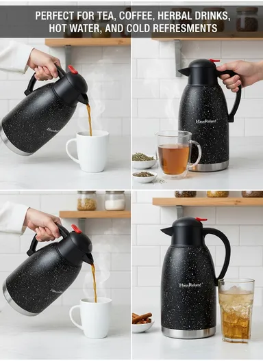 2L Stainless Steel Thermal Flask with Speckled Design &amp; Press-Button Lid – Black