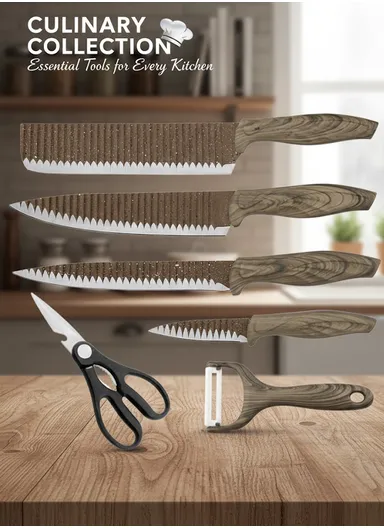 6-Pieces Stainless Steel Knife Set with Wood-Grain Handles &amp; Ceramic Peeler – Brown