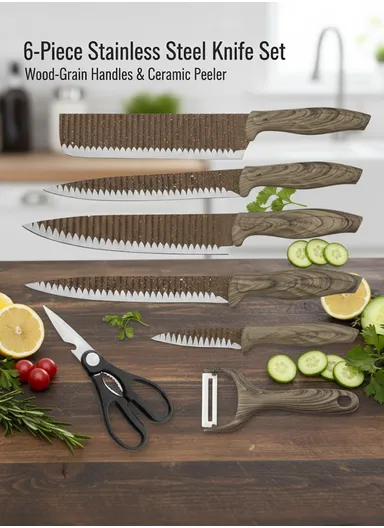 6-Pieces Stainless Steel Knife Set with Wood-Grain Handles &amp; Ceramic Peeler – Brown